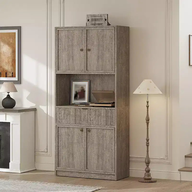 Meuble de rangement haut de cuisine de 178 cm, meuble de rangement en bois cannelé avec étagères réglables, meuble de rangement de salle de bain autoportant