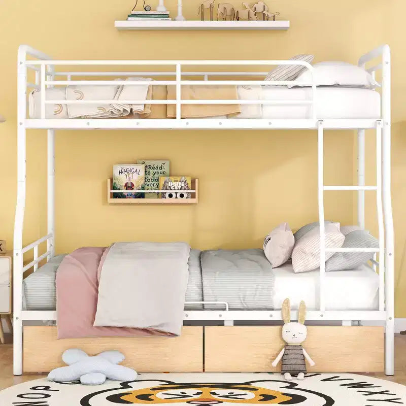 Lits superposés en métal Full XL sur Queen avec 2 tiroirs, cadre de lit superposé robuste pour enfants, adolescents et adultes