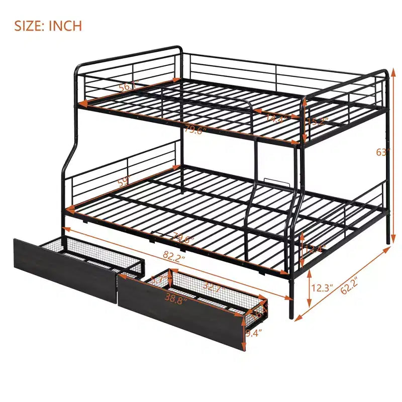 Lits superposés en métal Full XL sur Queen avec 2 tiroirs, cadre de lit superposé robuste pour enfants, adolescents et adultes