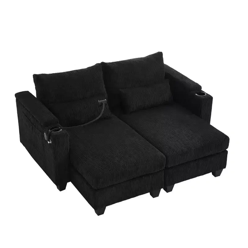 Polibi Causeuse convertible en velours côtelé avec ports USB, porte-gobelets, support de téléphone et rangement pour accoudoir