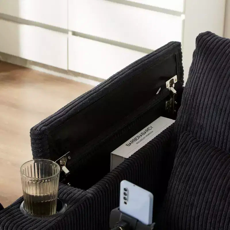 Polibi Causeuse convertible en velours côtelé avec ports USB, porte-gobelets, support de téléphone et rangement pour accoudoir