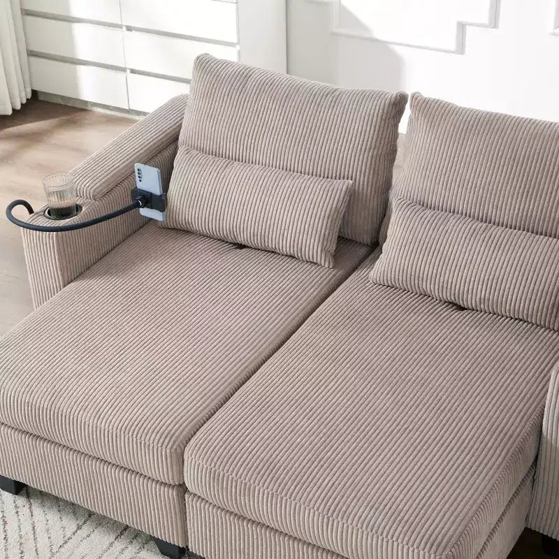 Polibi Causeuse convertible en velours côtelé avec ports USB, porte-gobelets, support de téléphone et rangement pour accoudoir