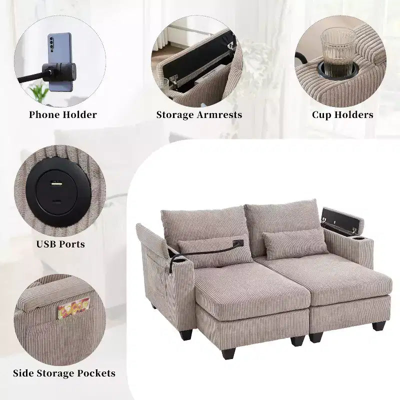 Polibi Causeuse convertible en velours côtelé avec ports USB, porte-gobelets, support de téléphone et rangement pour accoudoir