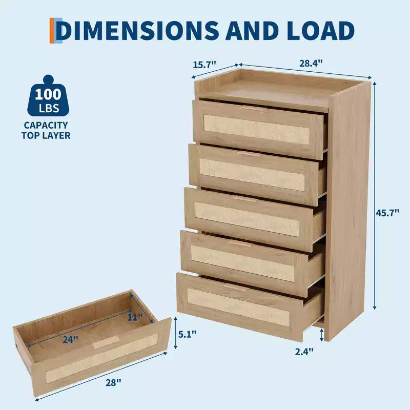Commode à 5 tiroirs pour chambre à coucher, commode en rotin et bois avec poignées dorées, commode de 114 cm de hauteur, meuble de rangement pour couloir