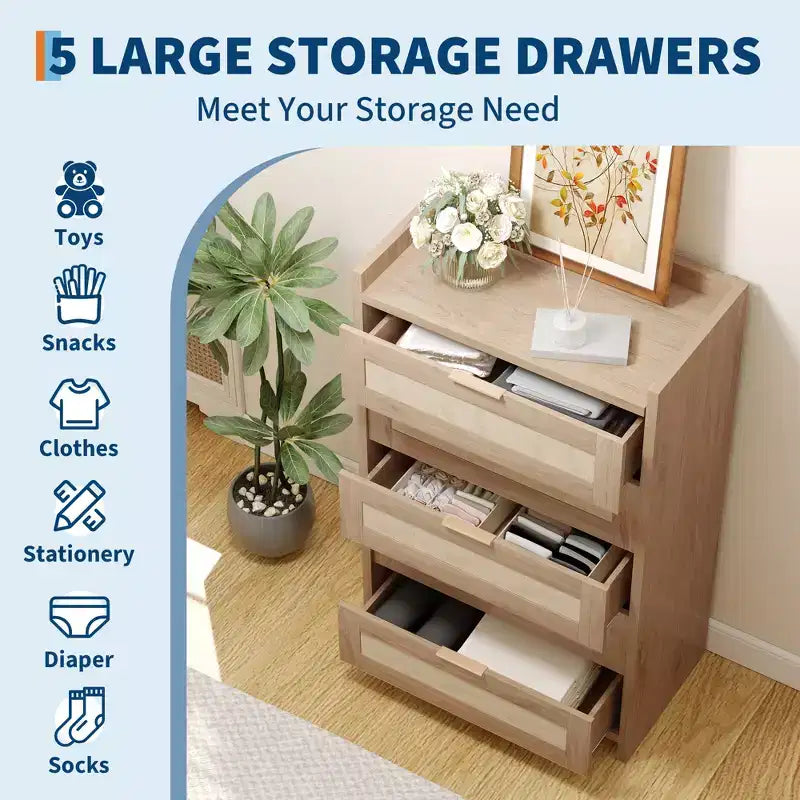 Commode à 5 tiroirs pour chambre à coucher, commode en rotin et bois avec poignées dorées, commode de 114 cm de hauteur, meuble de rangement pour couloir