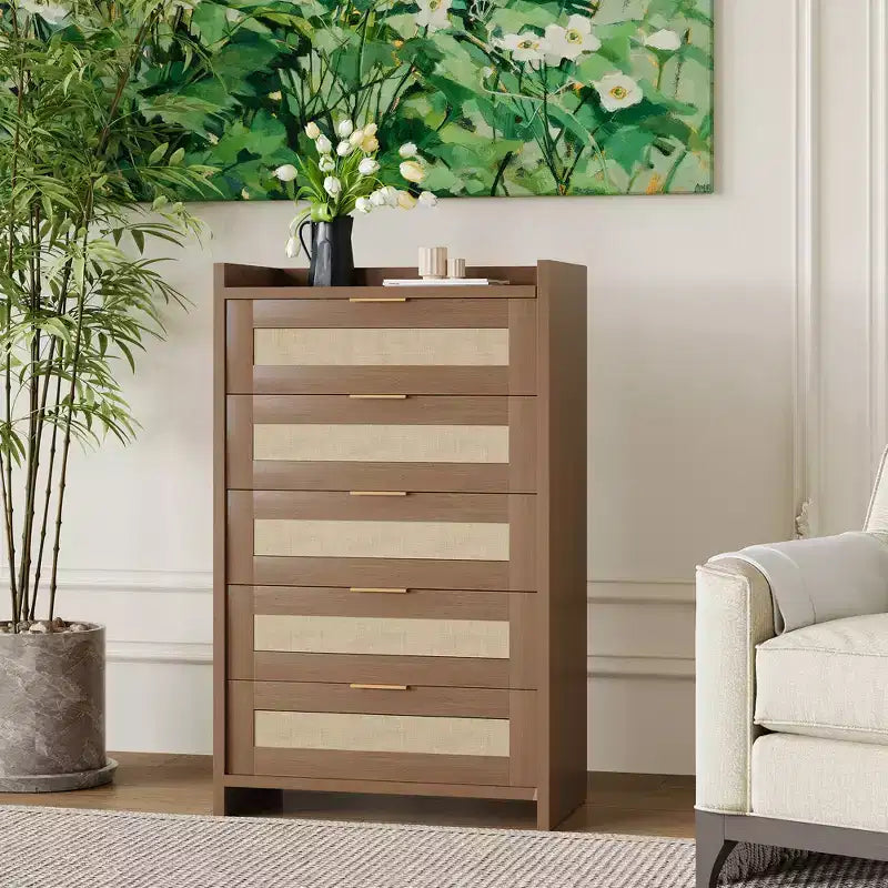 Commode à 5 tiroirs pour chambre à coucher, commode en rotin et bois avec poignées dorées, commode de 114 cm de hauteur, meuble de rangement pour couloir
