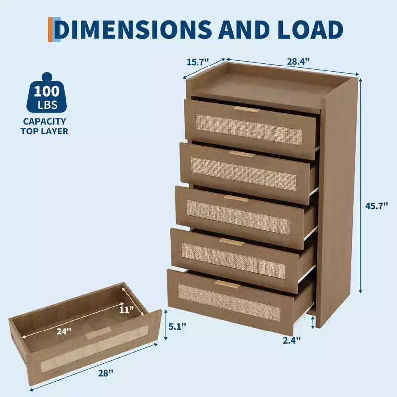 Commode à 5 tiroirs pour chambre à coucher, commode en rotin et bois avec poignées dorées, commode de 114 cm de hauteur, meuble de rangement pour couloir