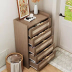 Commode à 5 tiroirs pour chambre à coucher, commode en rotin et bois avec poignées dorées, commode de 114 cm de hauteur, meuble de rangement pour couloir