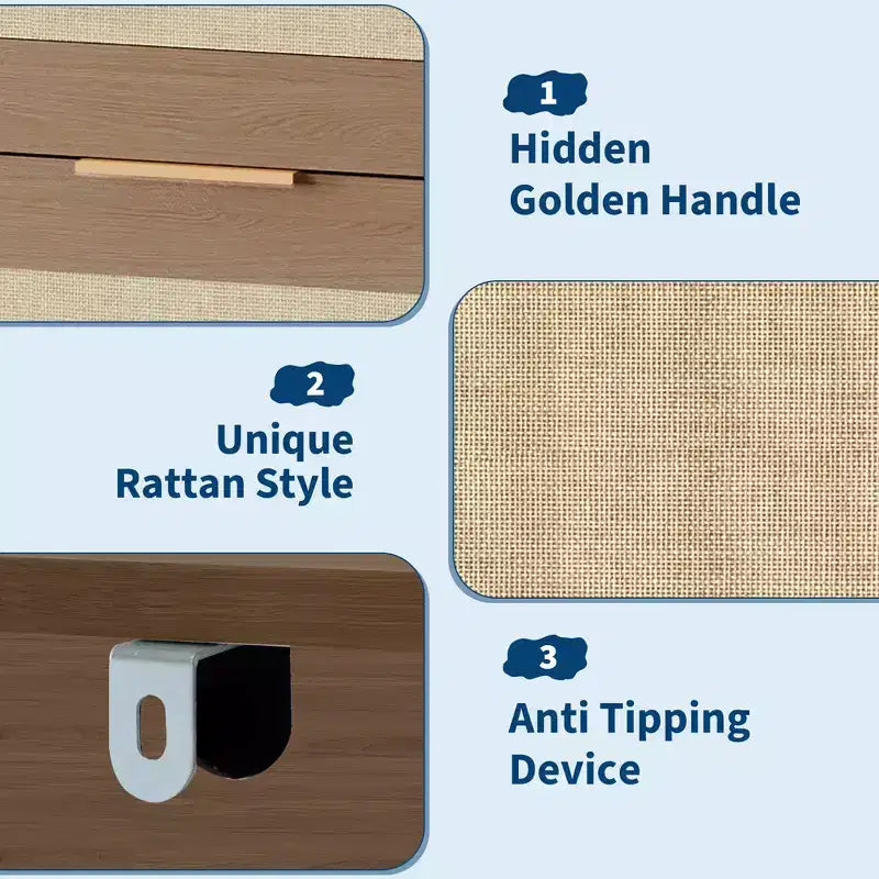 Commode à 5 tiroirs pour chambre à coucher, commode en rotin et bois avec poignées dorées, commode de 114 cm de hauteur, meuble de rangement pour couloir
