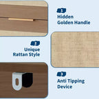 Commode à 5 tiroirs pour chambre à coucher, commode en rotin et bois avec poignées dorées, commode de 114 cm de hauteur, meuble de rangement pour couloir