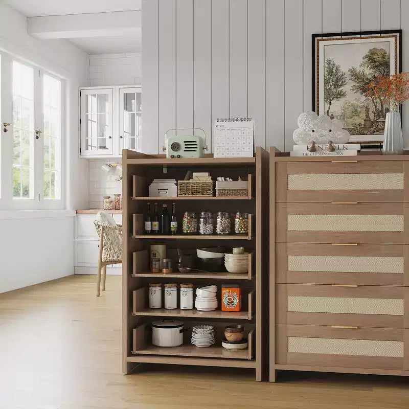 Commode à 5 tiroirs pour chambre à coucher, commode en rotin et bois avec poignées dorées, commode de 114 cm de hauteur, meuble de rangement pour couloir