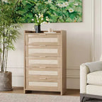 Commode à 5 tiroirs pour chambre à coucher, commode en rotin et bois avec poignées dorées, commode de 114 cm de hauteur, meuble de rangement pour couloir