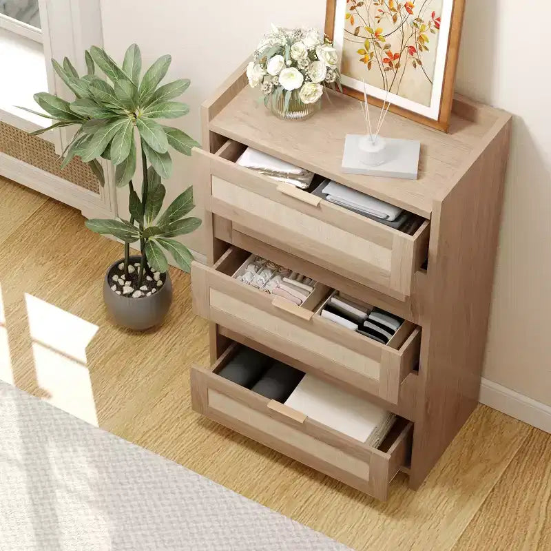 Commode à 5 tiroirs pour chambre à coucher, commode en rotin et bois avec poignées dorées, commode de 114 cm de hauteur, meuble de rangement pour couloir