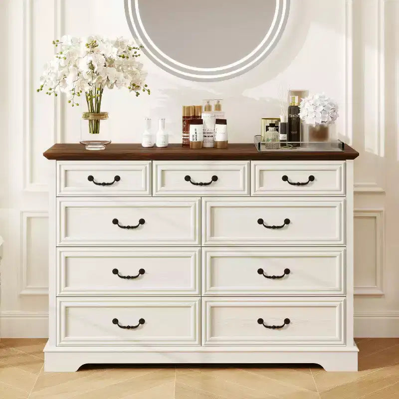 Commode Dyonery Farmhouse, commode à 9 tiroirs avec plateau en bois, organiseur de rangement de 132 cm de large pour chambre, salon, entrée
