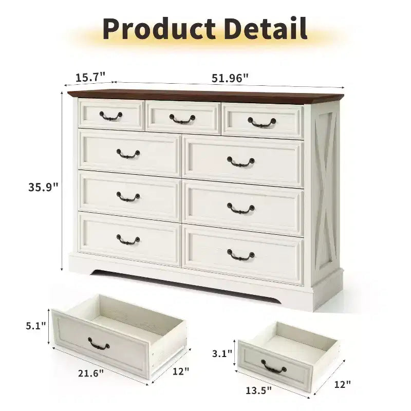 Commode Dyonery Farmhouse, commode à 9 tiroirs avec plateau en bois, organiseur de rangement de 132 cm de large pour chambre, salon, entrée