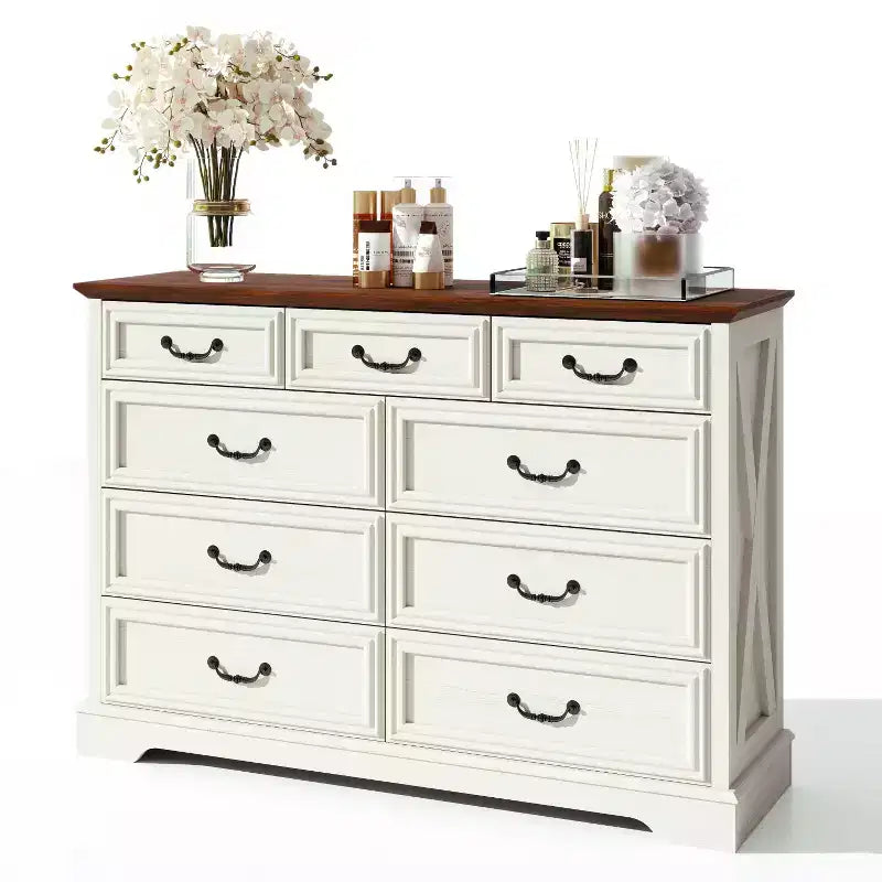 Commode Dyonery Farmhouse, commode à 9 tiroirs avec plateau en bois, organiseur de rangement de 132 cm de large pour chambre, salon, entrée