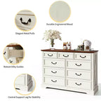 Commode Dyonery Farmhouse, commode à 9 tiroirs avec plateau en bois, organiseur de rangement de 132 cm de large pour chambre, salon, entrée