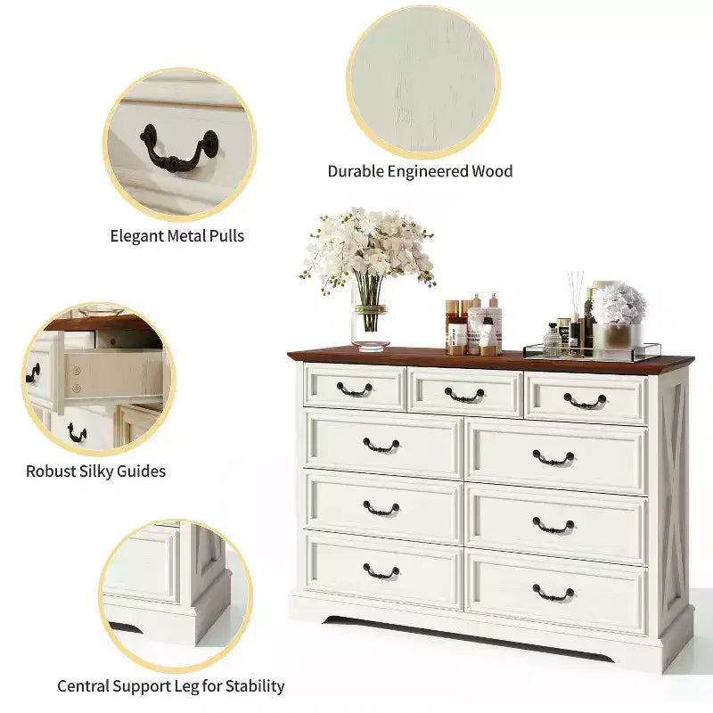Commode Dyonery Farmhouse, commode à 9 tiroirs avec plateau en bois, organiseur de rangement de 132 cm de large pour chambre, salon, entrée