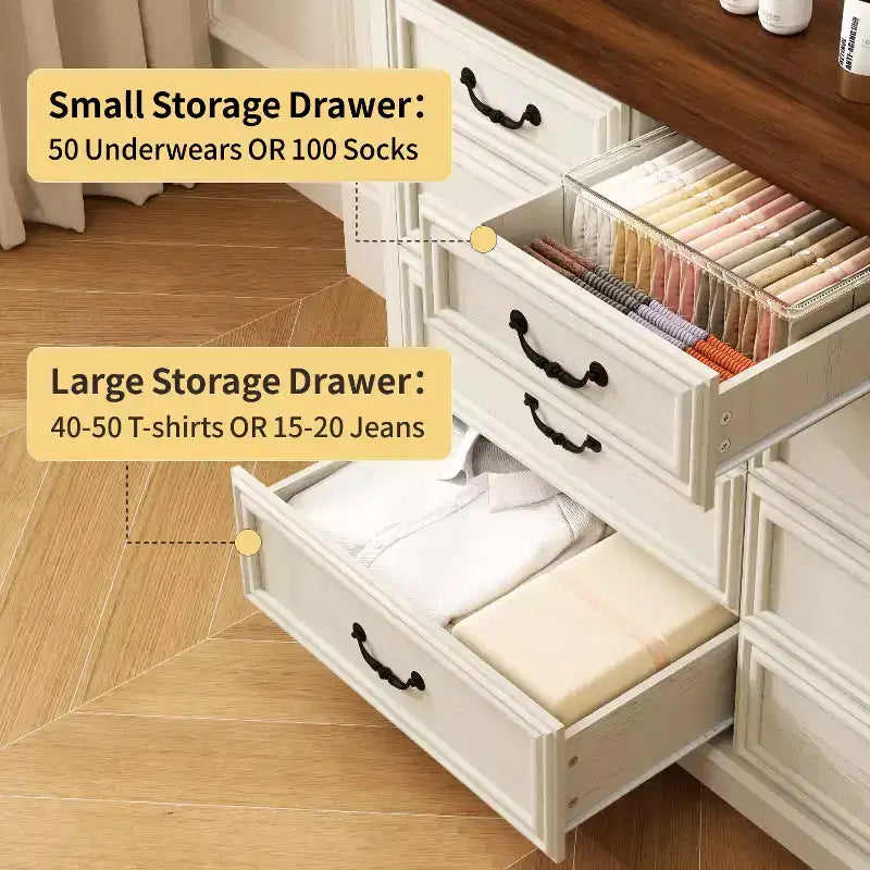Commode Dyonery Farmhouse, commode à 9 tiroirs avec plateau en bois, organiseur de rangement de 132 cm de large pour chambre, salon, entrée