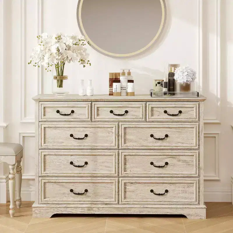 Commode Dyonery Farmhouse, commode à 9 tiroirs avec plateau en bois, organiseur de rangement de 132 cm de large pour chambre, salon, entrée
