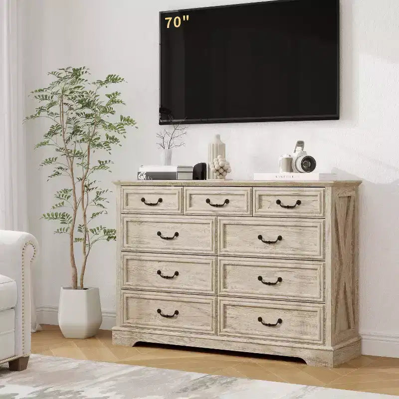 Commode Dyonery Farmhouse, commode à 9 tiroirs avec plateau en bois, organiseur de rangement de 132 cm de large pour chambre, salon, entrée