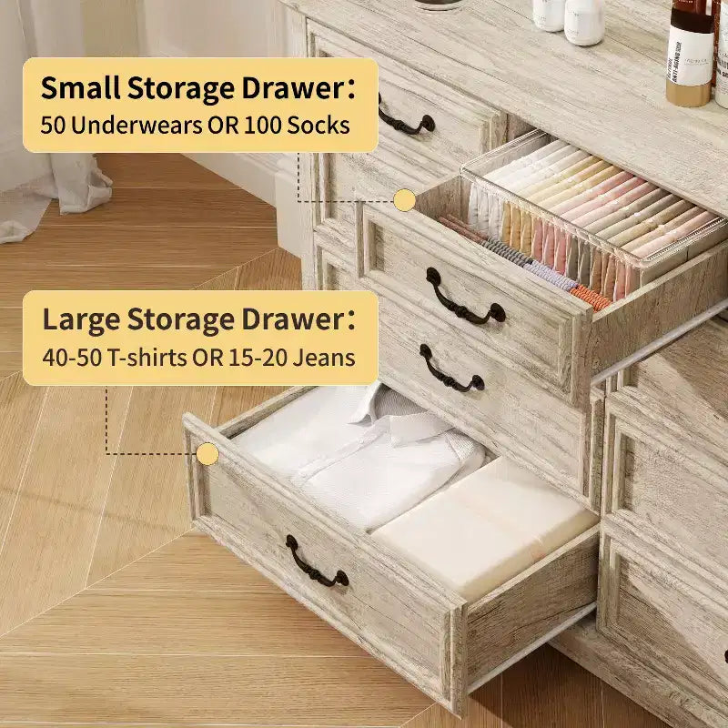 Commode Dyonery Farmhouse, commode à 9 tiroirs avec plateau en bois, organiseur de rangement de 132 cm de large pour chambre, salon, entrée