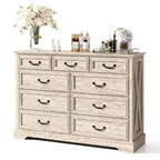 Commode Dyonery Farmhouse, commode à 9 tiroirs avec plateau en bois, organiseur de rangement de 132 cm de large pour chambre, salon, entrée