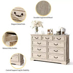 Commode Dyonery Farmhouse, commode à 9 tiroirs avec plateau en bois, organiseur de rangement de 132 cm de large pour chambre, salon, entrée