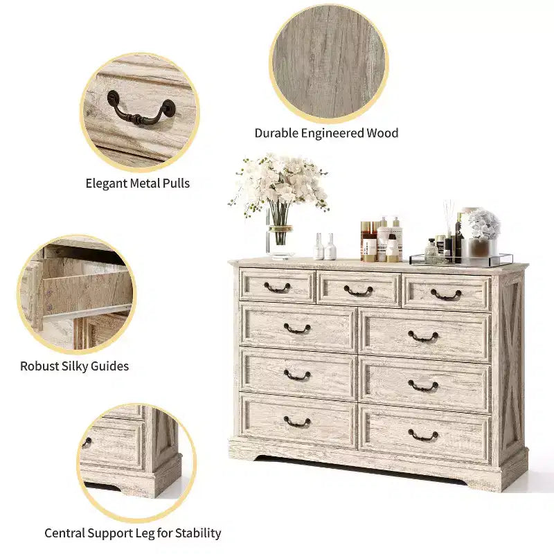 Commode Dyonery Farmhouse, commode à 9 tiroirs avec plateau en bois, organiseur de rangement de 132 cm de large pour chambre, salon, entrée