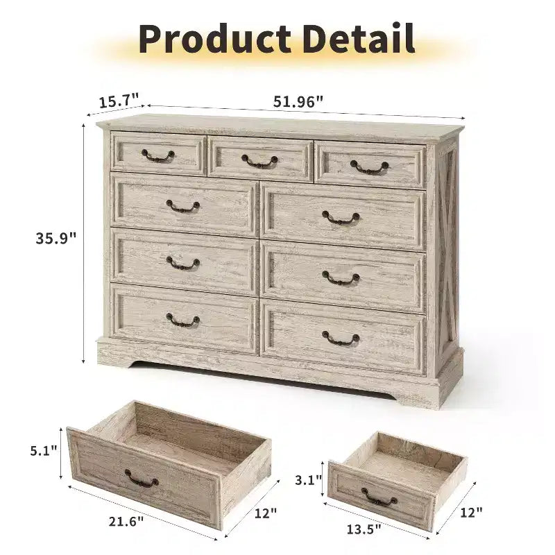 Commode Dyonery Farmhouse, commode à 9 tiroirs avec plateau en bois, organiseur de rangement de 132 cm de large pour chambre, salon, entrée