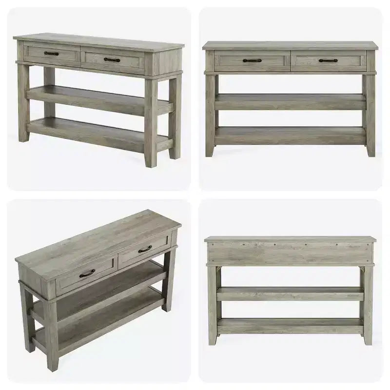 Table d'entrée GustoWave, Console avec 2 tiroirs de rangement, Table de canapé rustique à 3 niveaux, Tables de couloir, Gris rustique