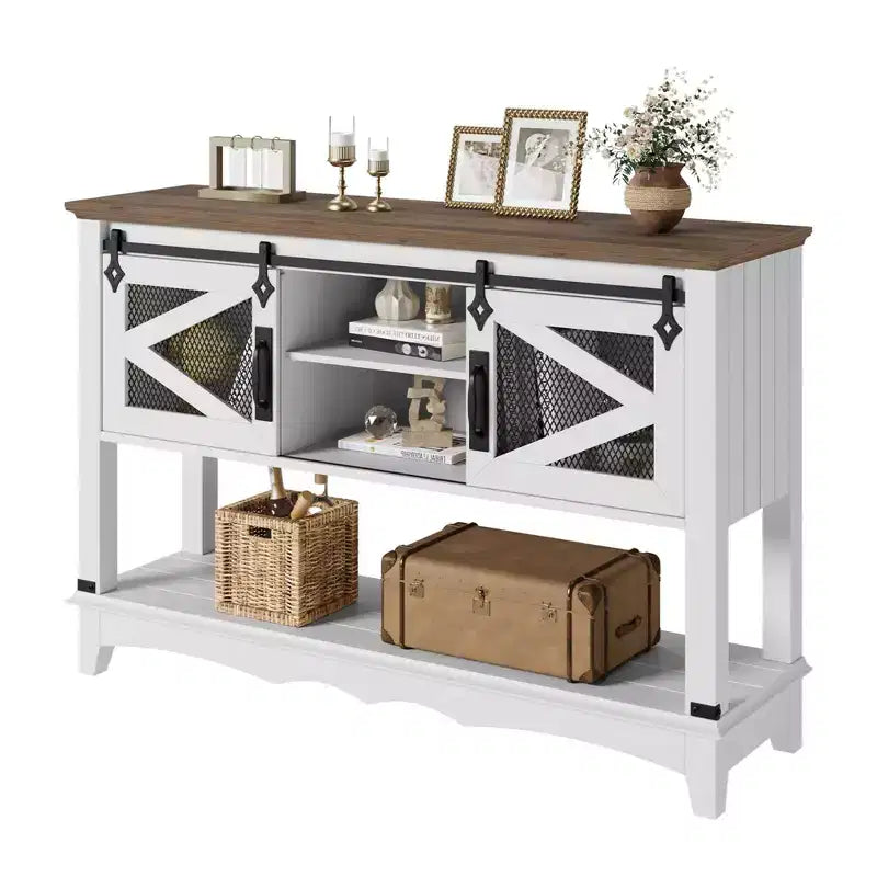 GustoWave Table console de ferme de 118 cm avec portes coulissantes et armoire de rangement - Table d'entrée, Table de canapé pour salon, Blanche