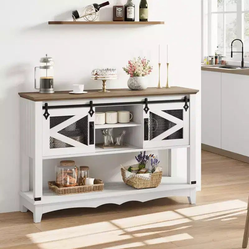 GustoWave Table console de ferme de 118 cm avec portes coulissantes et armoire de rangement - Table d'entrée, Table de canapé pour salon, Blanche