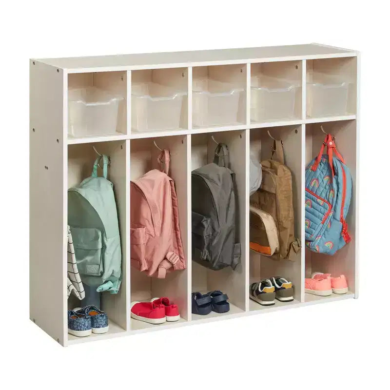 Vestiaire à 5 compartiments pour tout-petits et 5 bacs de rangement avant à écope ECR4Kids Streamline, Rangement à casiers