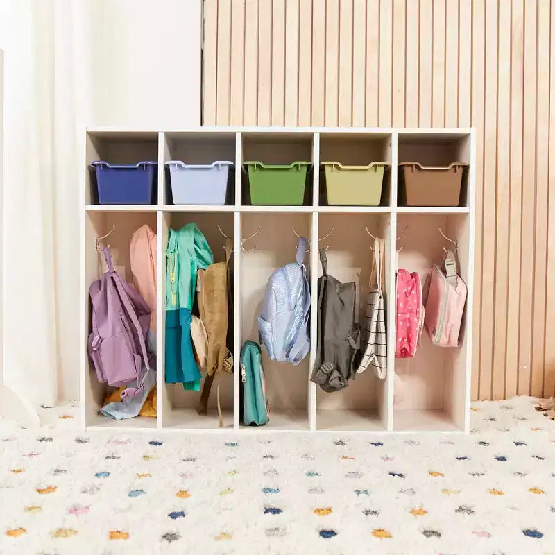 Vestiaire à 5 compartiments pour tout-petits et 5 bacs de rangement avant à écope ECR4Kids Streamline, Rangement à casiers