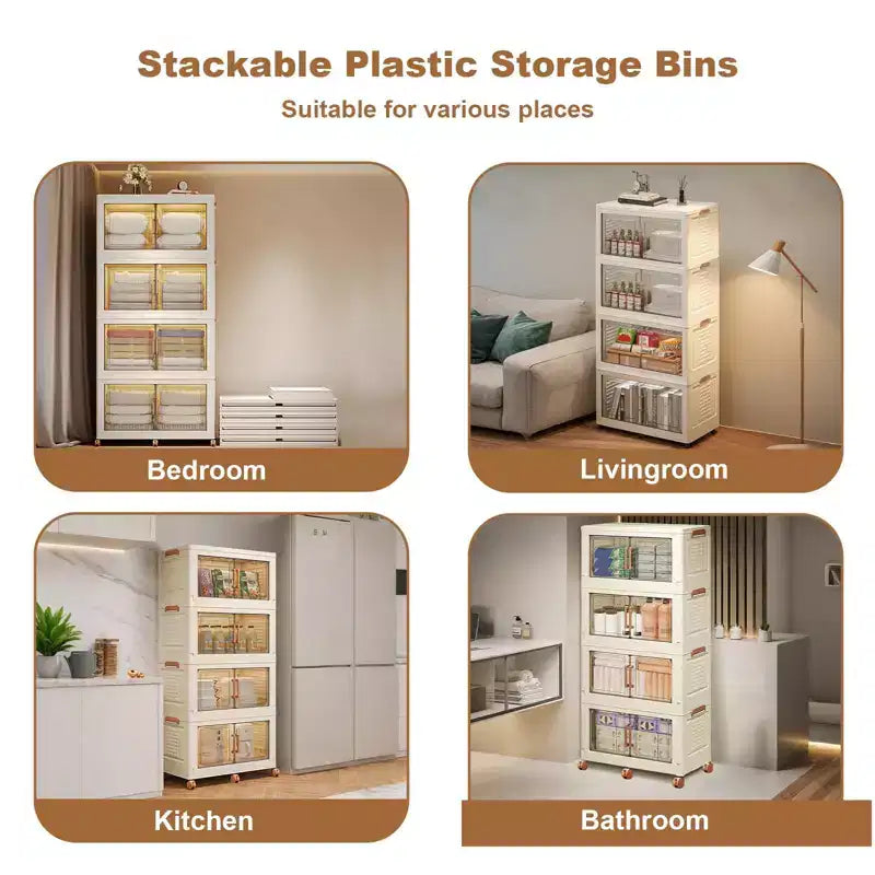 GustoWave Bacs de Rangement Empilables à 4 Niveaux avec Couvercle Organisateurs de Placard Bacs de Rangement Pliables en Plastique Boîtes de Rangement pour Chambre à Coucher Salon