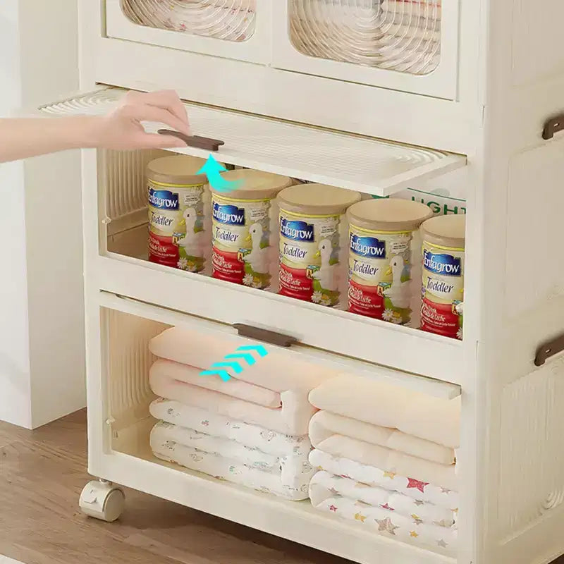 GustoWave Armoire penderie 4 niveaux pour enfants - Armoire portable pour enfants avec portes et roulettes - Organiseur de vêtements de bébé pliable avec tringle à suspendre et 10 cintres