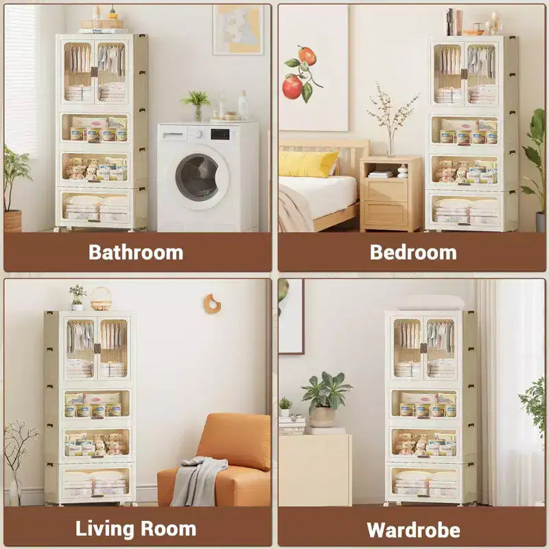 GustoWave Armoire penderie 4 niveaux pour enfants - Armoire portable pour enfants avec portes et roulettes - Organiseur de vêtements de bébé pliable avec tringle à suspendre et 10 cintres