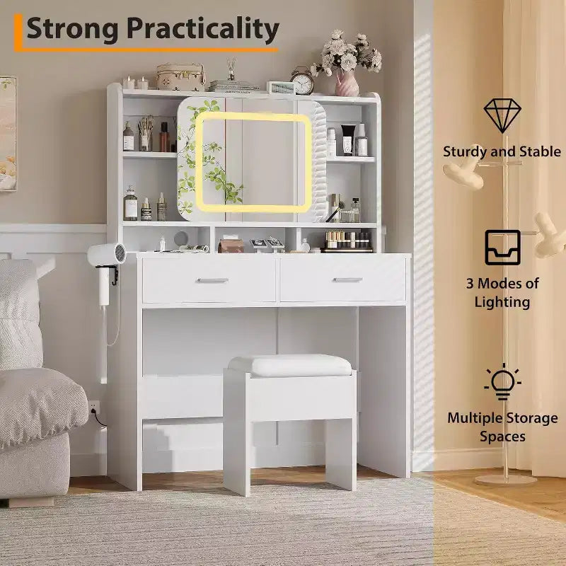 COZONY Coiffeuse avec miroir lumineux et tabouret, table de maquillage coulissante avec étagères de rangement et tiroirs