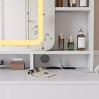 COZONY Coiffeuse avec miroir lumineux et tabouret, table de maquillage coulissante avec étagères de rangement et tiroirs