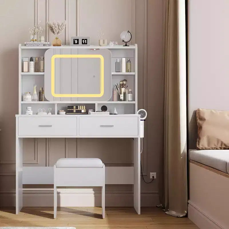 COZONY Coiffeuse avec miroir lumineux et tabouret, table de maquillage coulissante avec étagères de rangement et tiroirs