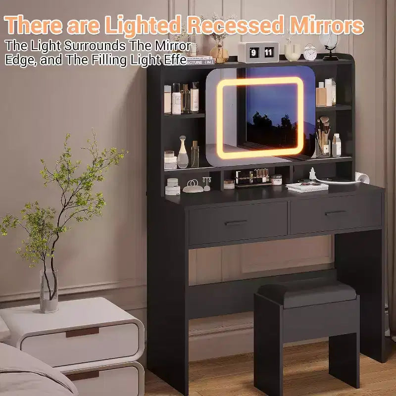 COZONY Coiffeuse avec miroir lumineux et tabouret, table de maquillage coulissante avec étagères de rangement et tiroirs