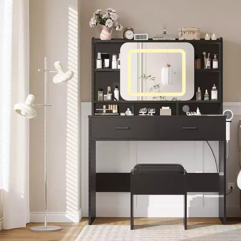 COZONY Coiffeuse avec miroir lumineux et tabouret, table de maquillage coulissante avec étagères de rangement et tiroirs