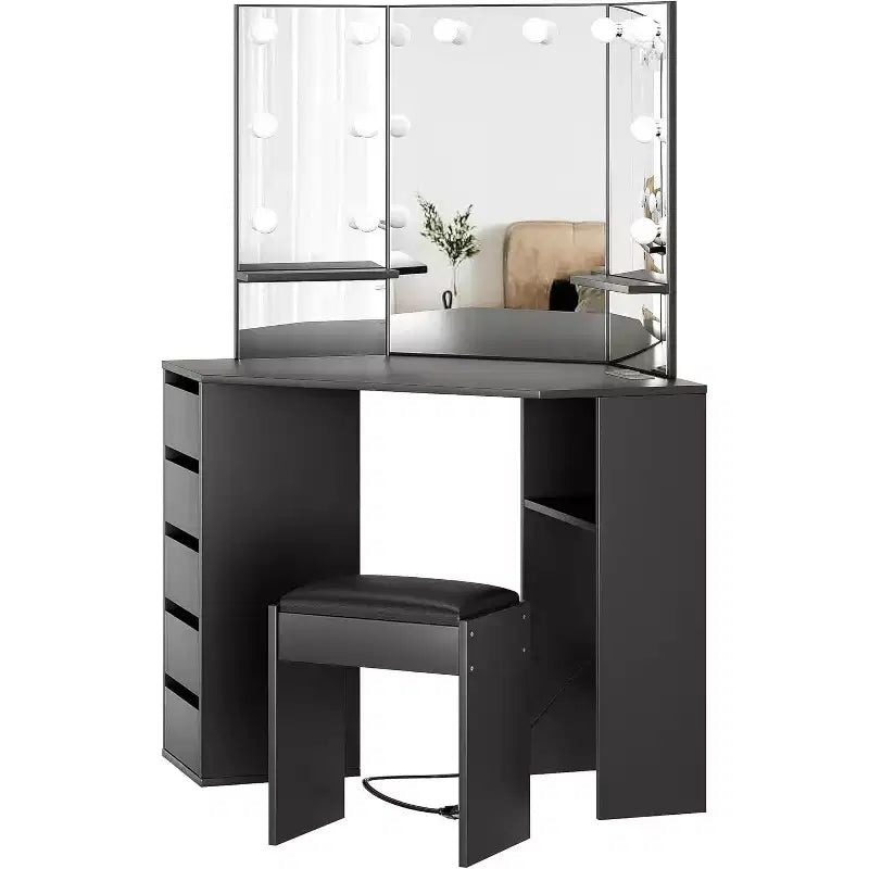 Coiffeuse COZONY avec miroir et lumières, Coiffeuse d'angle avec 3 options d'éclairage, 5 tiroirs, étagères et tabouret rembourré, Noir
