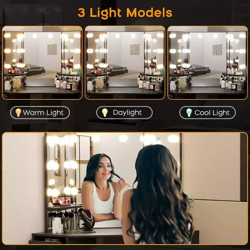 Coiffeuse COZONY avec miroir et lumières, Coiffeuse d'angle avec 3 options d'éclairage, 5 tiroirs, étagères et tabouret rembourré, Noir