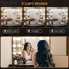 Coiffeuse COZONY avec miroir et lumières, Coiffeuse d'angle avec 3 options d'éclairage, 5 tiroirs, étagères et tabouret rembourré, Noir