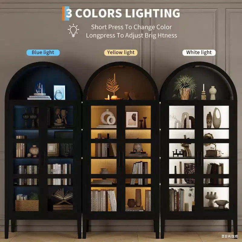 COZONY 70 Armoire de cuisine cintrée avec lumières LED et portes vitrées, étagère réglable, bibliothèque d'exposition