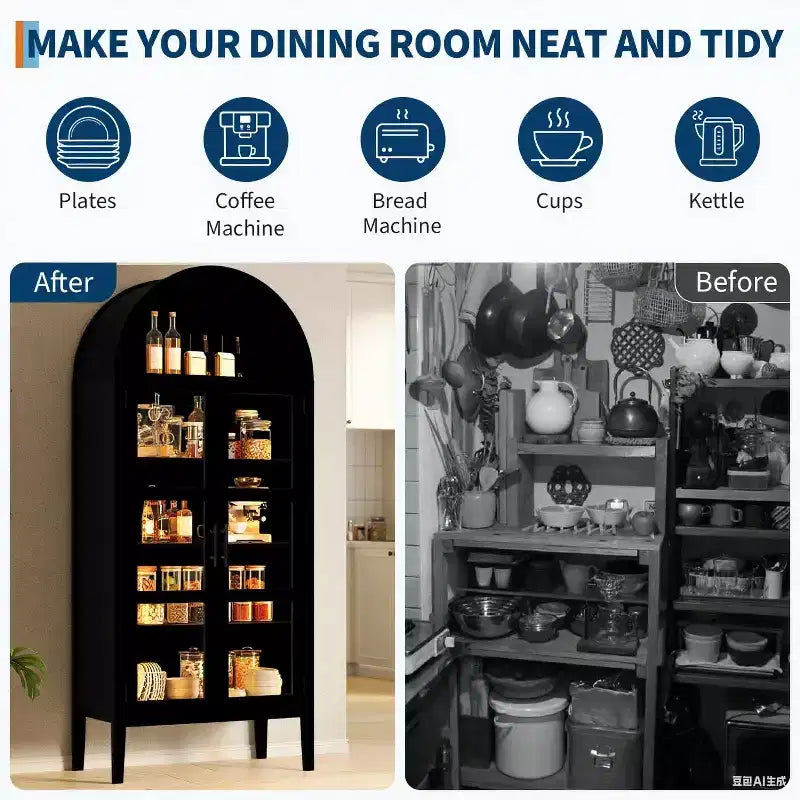 COZONY 70 Armoire de cuisine cintrée avec lumières LED et portes vitrées, étagère réglable, bibliothèque d'exposition