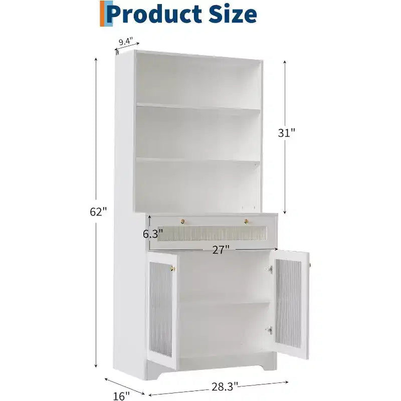 62 Meuble de Rangement, Unité de Rangement Haute Autonome à 6 Niveaux avec 1 Tiroir, 2 Armoires, 3 Étagères Ouvertes, Portes en Verre, pour Bureau à Domicile