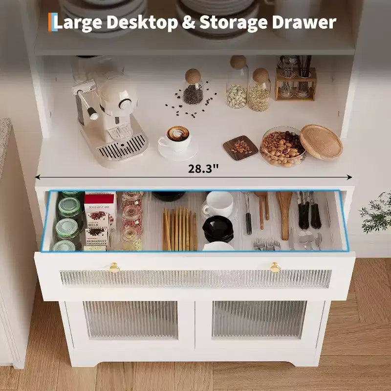 62 Meuble de Rangement, Unité de Rangement Haute Autonome à 6 Niveaux avec 1 Tiroir, 2 Armoires, 3 Étagères Ouvertes, Portes en Verre, pour Bureau à Domicile